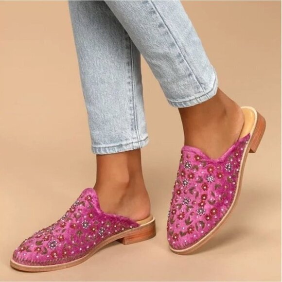 Free People Cosmic Pink Magenta Dancing Queen Velvet  Beaded Loafer Mules… - Picture 1 of 11